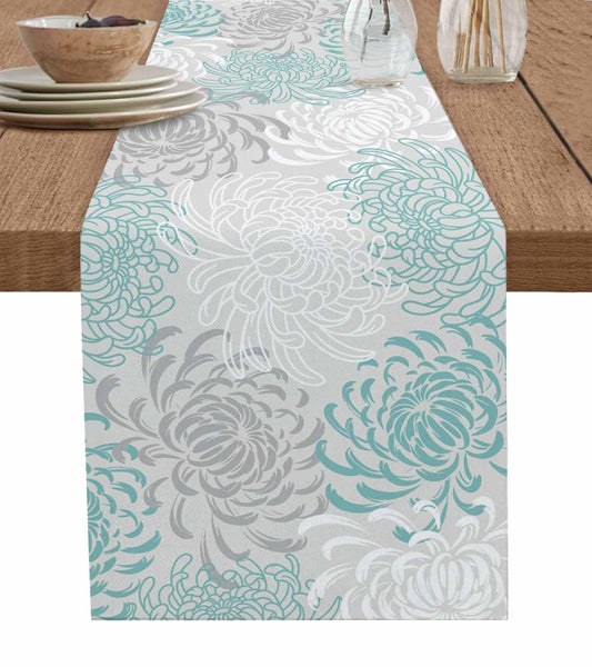 PIEPLE Aqua Chrysanthemum Flowers Table Runner-Cotton Linen-Long 13x108inches Dresser Scarves,Floral Grey Tablerunner for Kitchen Coffee/Dining/End Table Bedroom Living Room,Scarf Decor for Holiday