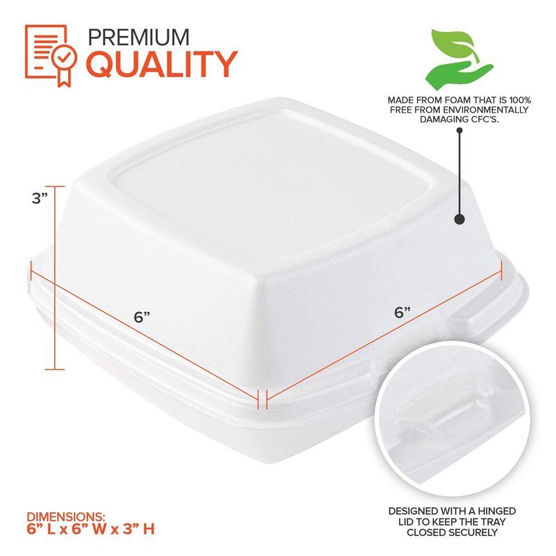 Stock Your Home 6x6 Clamshell Take Out Boxes (50 Pack) Small 1-Compartment Foam Food Containers Disposable Lunch Container, Restaurant Togo Trays with Hinged Lids for Takeout, Carryout, and Meal-Prep
