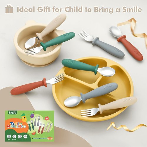 DRKIO Toddler Utensils Set - 8-Piece Kids Silverware with Silicone Handles | Safe 18/8 Stainless Steel