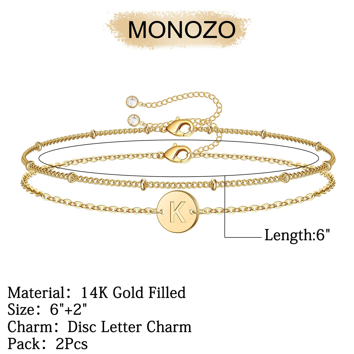 MONOZO Gold Bracelets for Women Jewelry Gifts Trendy, Dainty 14K Gold Plated Layered Beaded K Letter Initial Bracelet Personalized Disc Monogram Charm Letter Initial Bracelets for Women Birthday Gifts