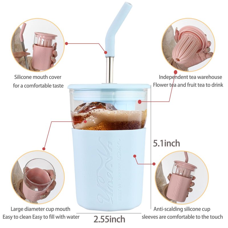 wangsdjy 15oz Glass Tumbler With Straw and Lid - Iced Coffee Cup, Smoothie Cup with Silicone Sleeve and Tea Strainer, Glass Tumbler for Smoothies, Flower tea, Coffee, Juices (Blue)