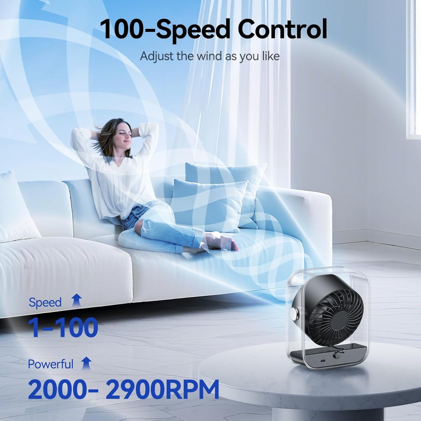 KIMMOO Rechargeable USB Desk Fan - Quiet Turbo Airflow Table Fan with 100 Speeds & 90° Rotation | Black