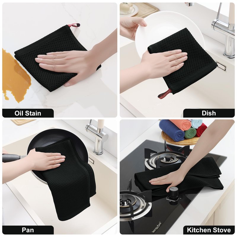 Homaxy 100% Cotton Kitchen Towels and Dishcloths Set, 12 x 12 Inches and 13 x 28 Inches, Set of 8 Bulk Kitchen Towels Set, Ultra Soft Absorbent Dish Cloths for Washing Dishes, Black