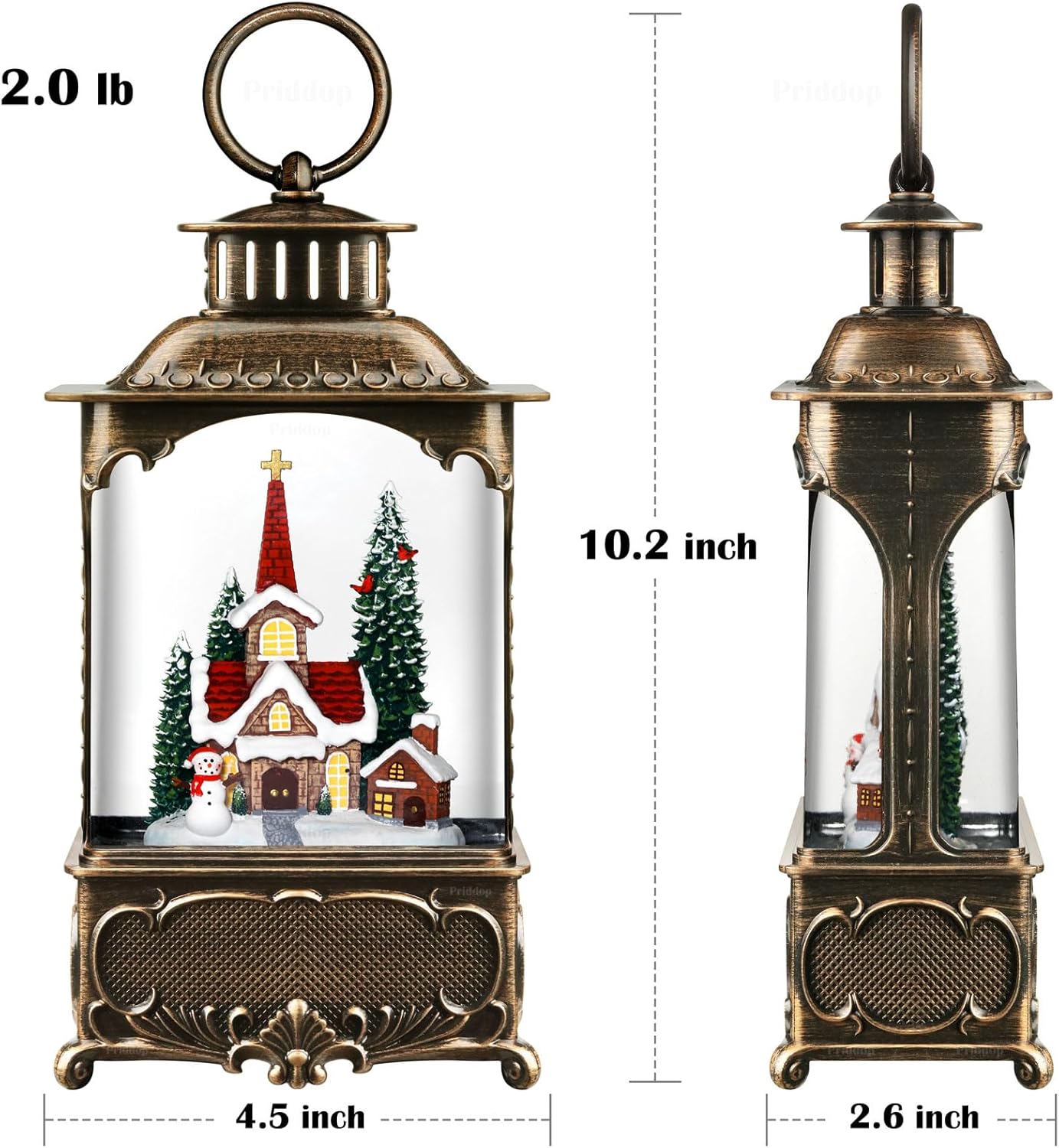 Priddop Church Snow Globe | Christmas Decorations with Snowman, Cabin & Cardinal - 10.2 Inch USB/Battery Timer