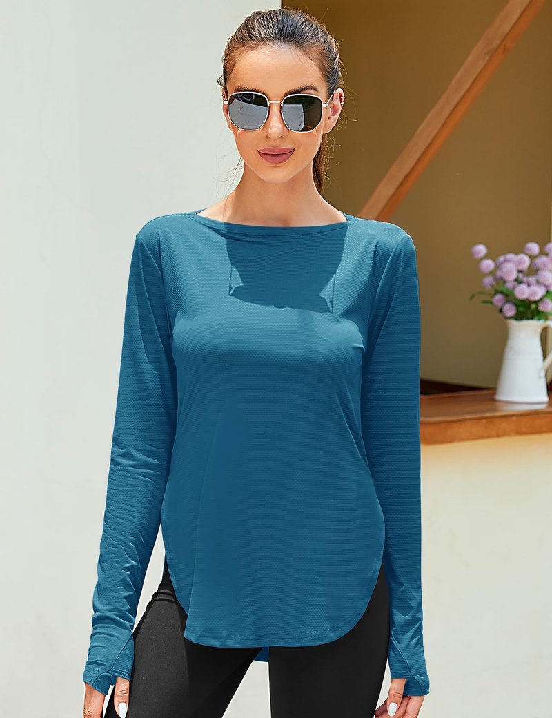 ZHENWEI Women's Sun Protection Workout Shirts Running Hiking UPF 50+ Tops Loose Fit Quick Dry Athletic Soft Lightweight Rashguard (Dark Blue, MS)