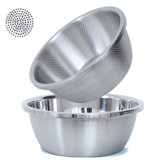 Paoli 304 Stainless Steel Fine Mesh Colander Set, 4.5QT Large Capacity Strainer with Mixing Bowl — Rinse Fruits, Veggies, Rice & Drain Pasta, Dishwasher Safe (2-Piece)