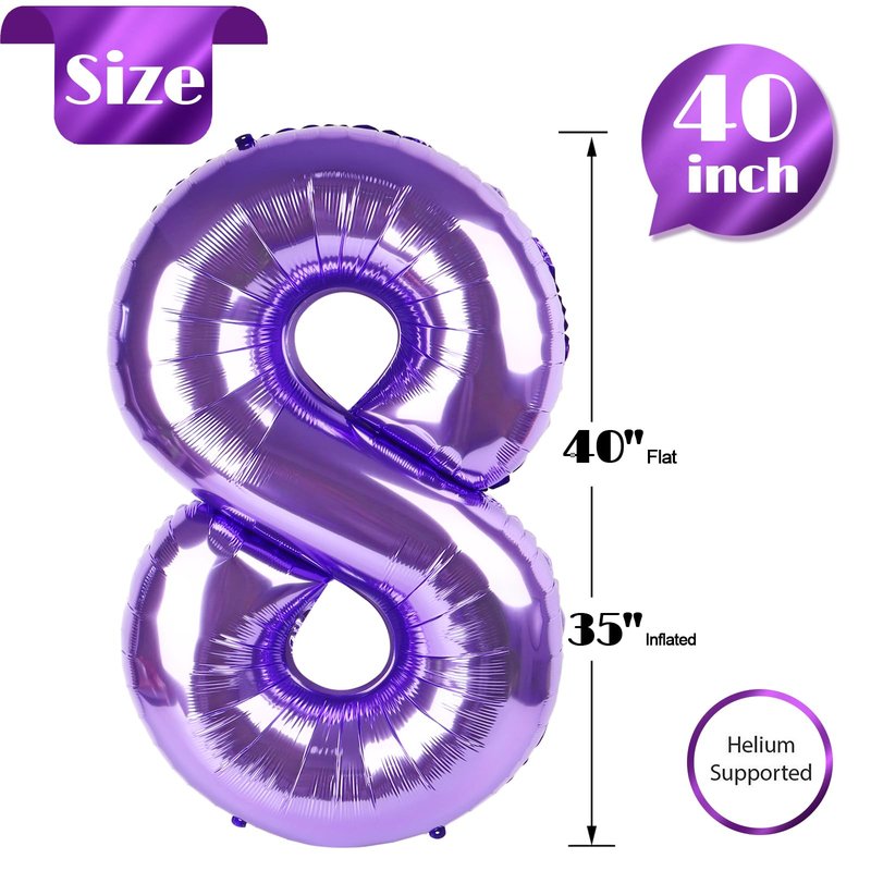 Purple Number 8 Balloon 40 Inch, 8th Birthday Party Decorations for Children, Giant 8 Foil Balloon for Party Supplies