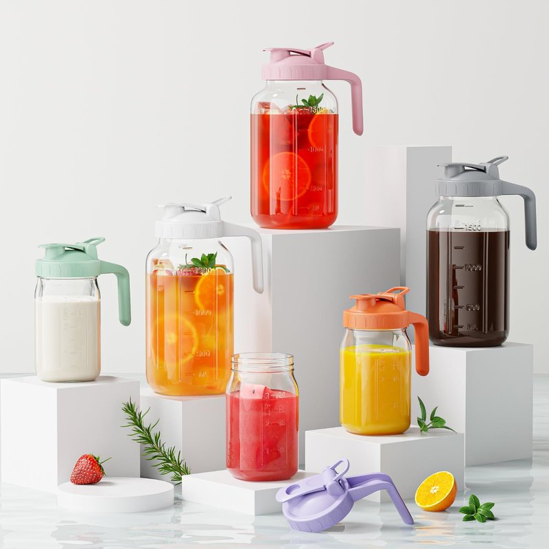 Glass Mason Jar Pitcher, 64 oz Wide Mouth Jug with Pour Spout Handle Lid for Cold Brew Coffee, Ice Beverage, Iced Juice, Lemonade, Sun Tea, Fruit Drinks Container(Gray)