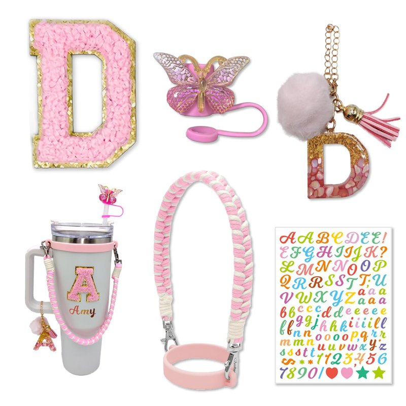 Stanley Cup Accessories Set - 30oz & 40oz Water Bottle Handle Strap, Letter Charms, Sticker & Butterfly Straw Cover Topper (Pink)