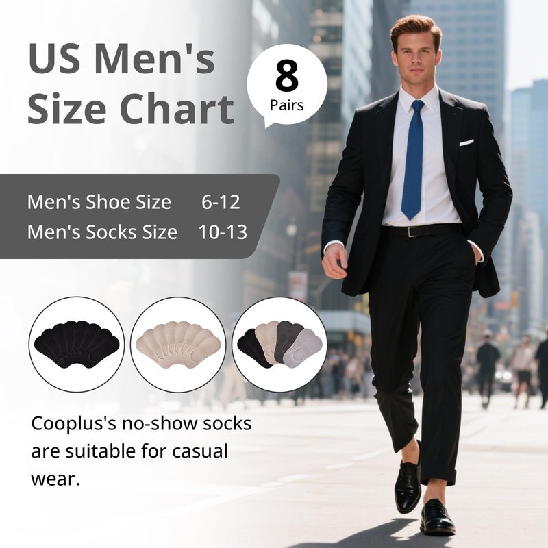 Cooplus 8 Pairs No Show Socks Men Non Slip Low Cut Cotton Invisible Socks for Loafer Flats