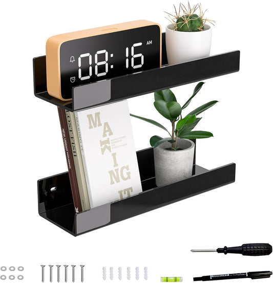 Skiennix 12-Inch Black Acrylic Wall Shelf - Stylish Wall-Mounted Storage Display | 2 Pack