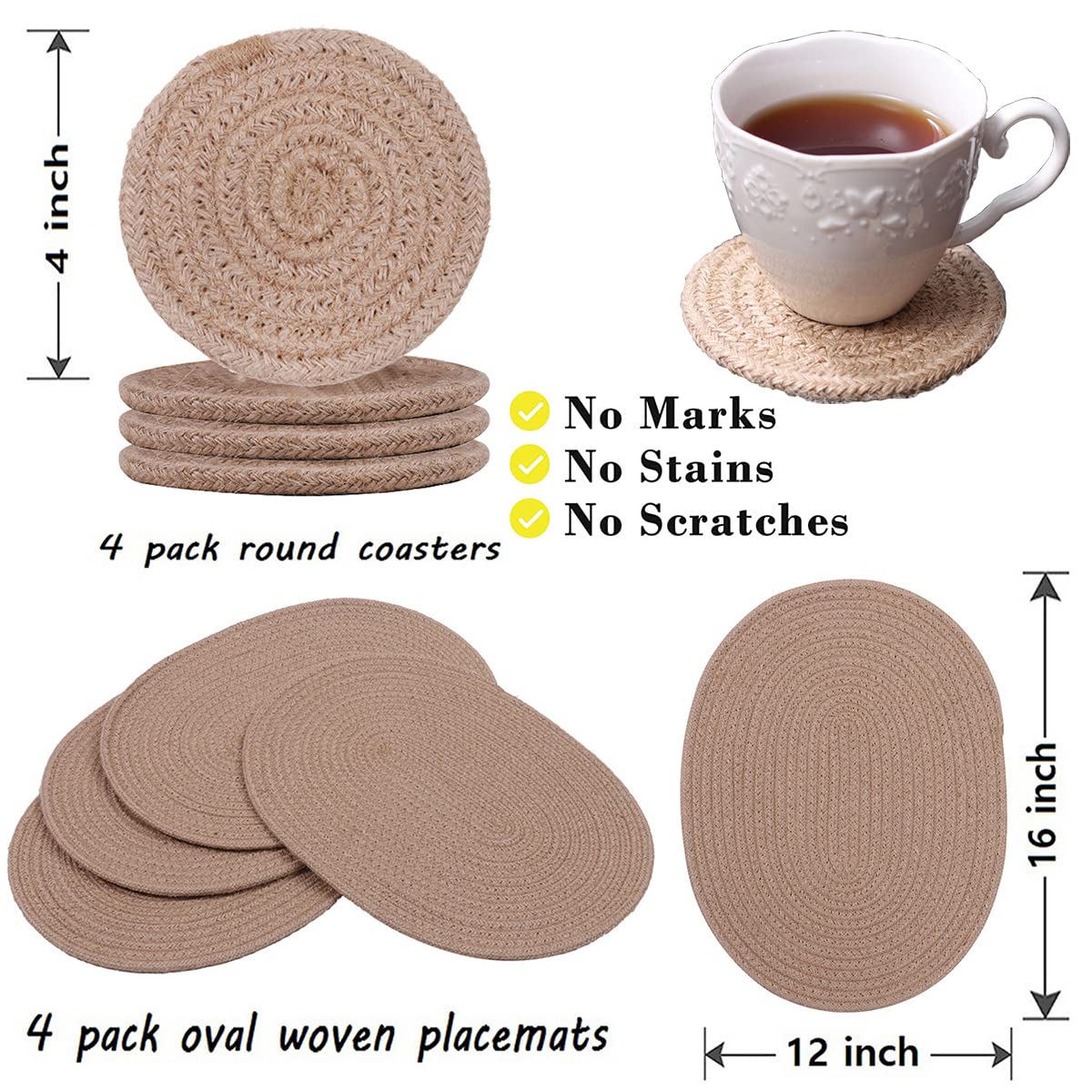 WENFOME Jute Woven Placemats Set of 6, Round Braided Tablemats Natural Jute Handmade Woven Plate Chargers Heat Resistant Non-Slip Potholder for Table Decoration(13 inch)