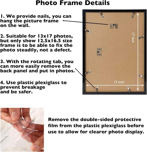 JCJMY 13x17 Picture Frame - Black Wall Mount for Horizontal or Vertical Display | Shatter-Resistant Plexiglass