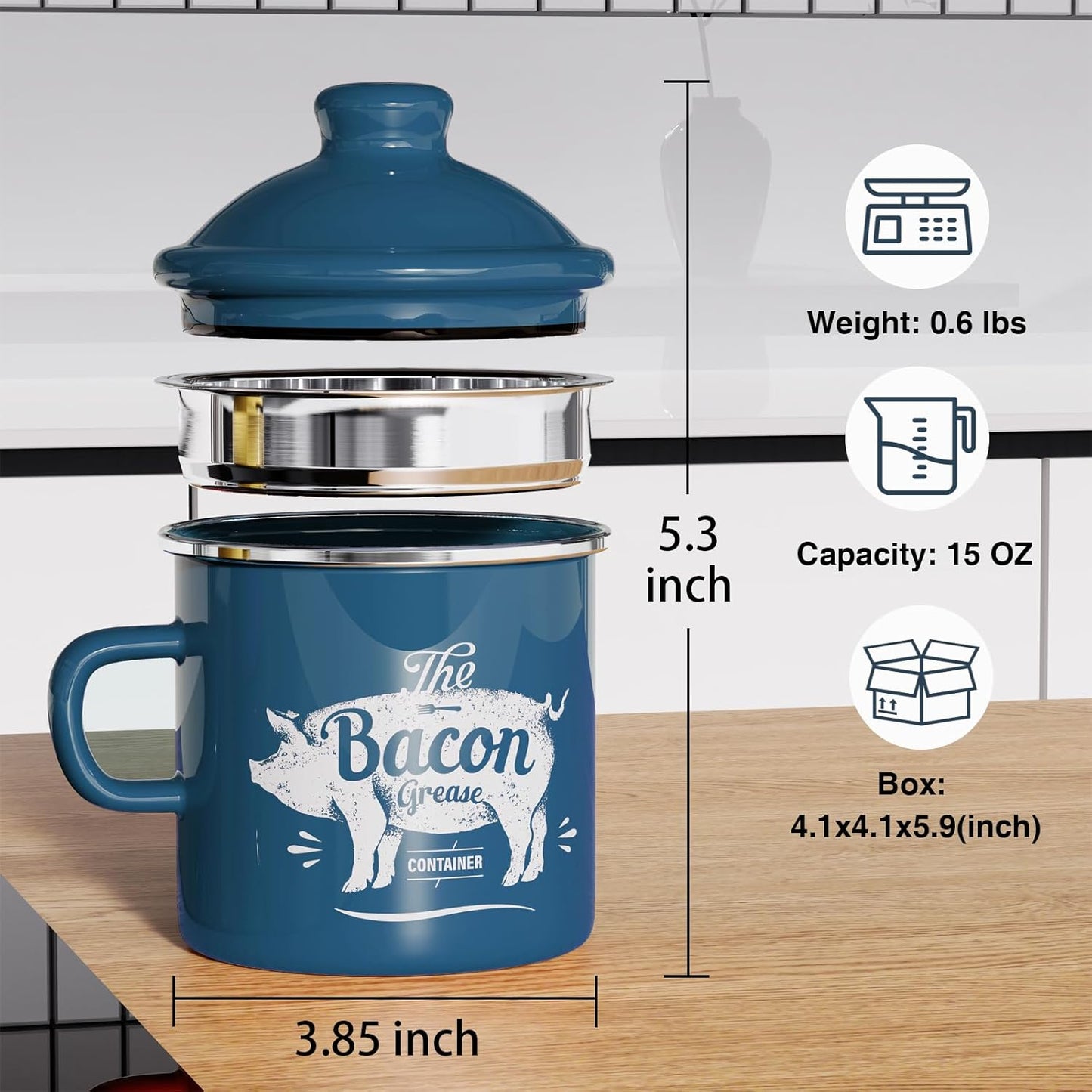 Skiennix Black Meat Chopper - 15oz Mini Blue Bacon Grease Container for Easy Cooking Cleanup