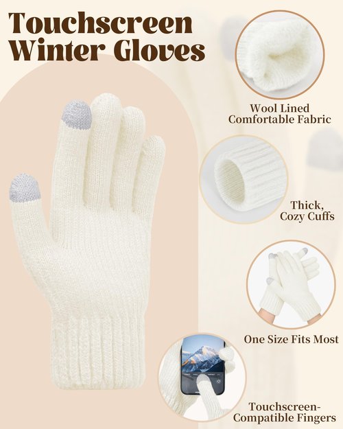 DODOKIE 5 Pieces Winter Beanie Hat Scarf Gloves Touchscreen & Thick Socks Set for Women, Knit Fleece Lined Cold Weather Warm Outfits Accessories, Gifts for Her Mom Christmas Stocking Stuffers (White)