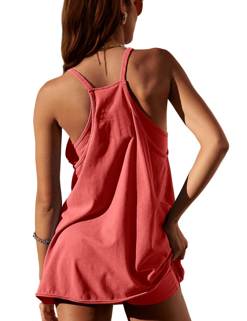 Lentta Womens Athletic Sleeveless Mini Dress with Built-in Shorts V Neck Spaghetti Strap Sundress(Red-XS)