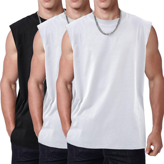 3 Pack Mens Workout Tank Tops Sleeveless Tee Shirts Men Muscle Shirt Gym Cotton T Shirts Running Beach Loose Fit Tee（XZG,BKWTWT,L