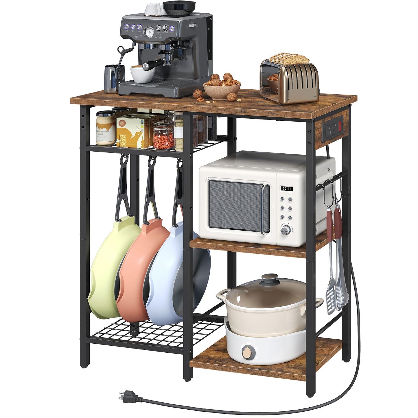 MAHANCRIS Bakers Rack with Power Outlet, Microwave Stand with Adjustable Mesh Rack, Coffee Bar Station, Kitchen Storage Racks with 6 S Hooks, for Kitchen, Dining Room, Rustic Brown and Black BRHR80E01