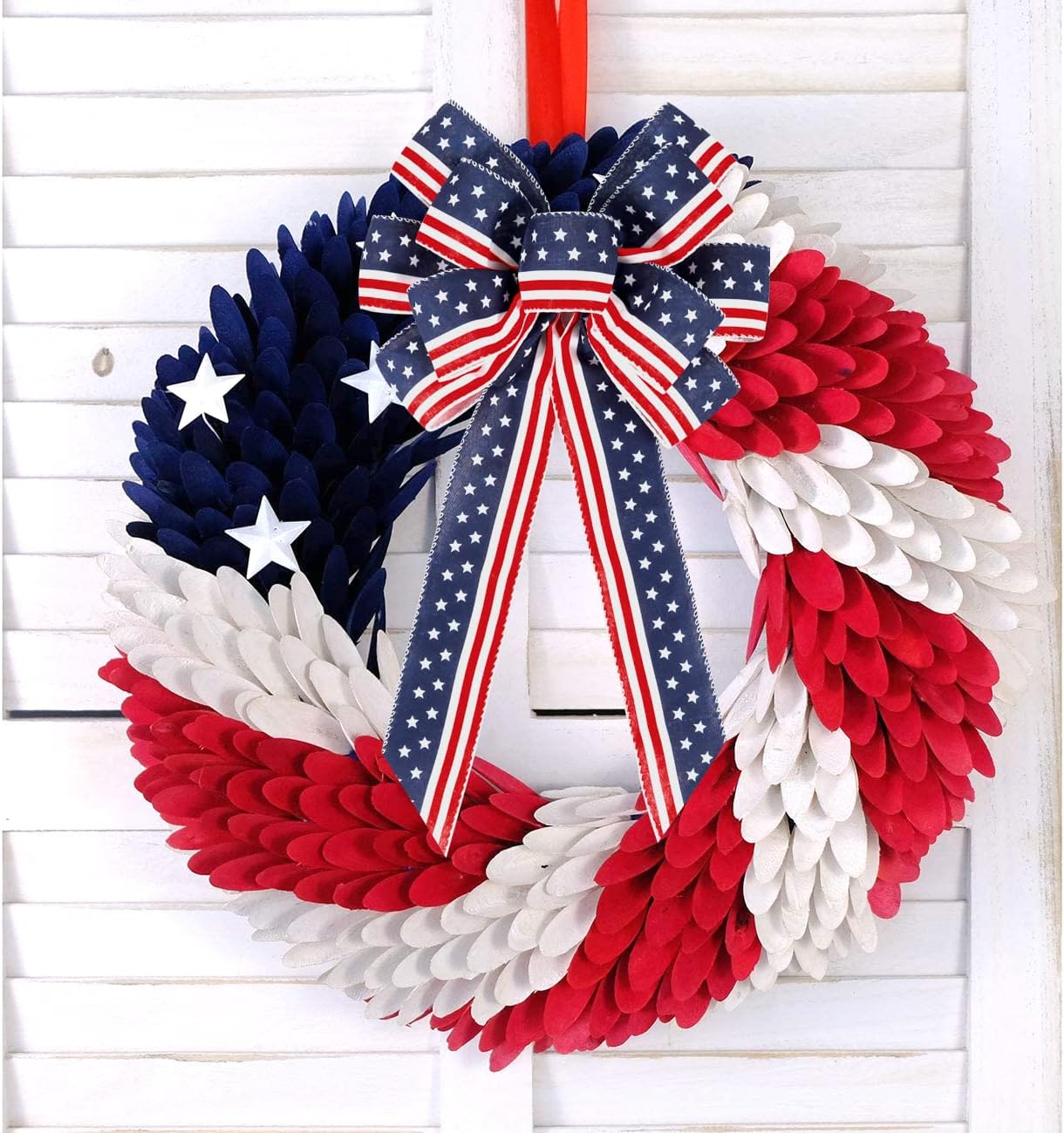 Patriotic 4th of July Decor Bow by [Brand Name] - Red, White & Blue Stripe Stars | Perfect for Wreaths & Tree Toppers
