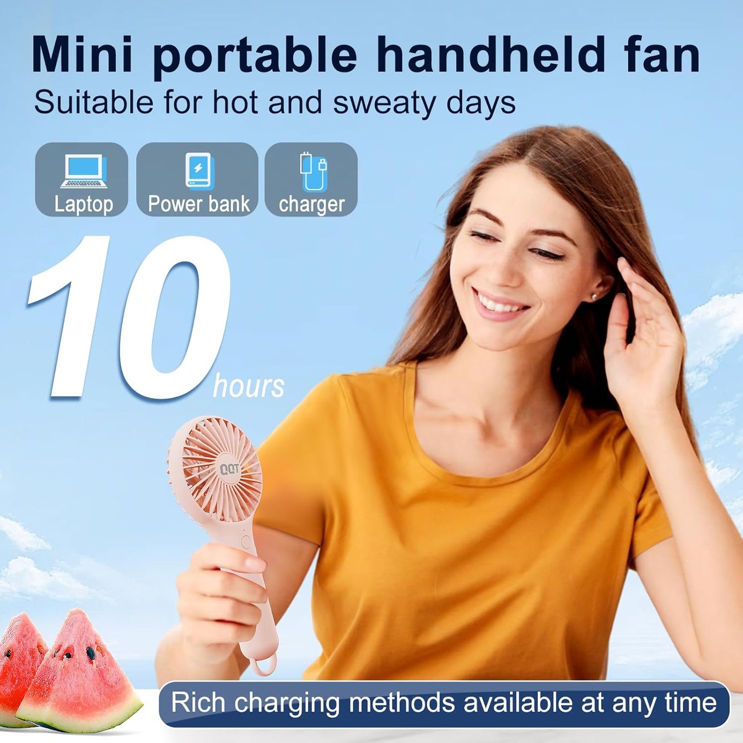 QQT Mini Handheld Fan - Portable USB Rechargeable Personal Fan with 3 Speeds | Strong Airflow for Travel & Office (Pink)