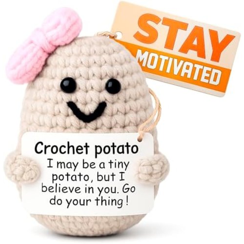 Crochet Potato Desk Figurine Ribbon & Motivational Card - 3.14x2.36" Handmade Mini Plush Decor Gift for Women, Coworker, Teacher, Friend | Office Shelf Accent - Great as Graduation Gift for Daughter