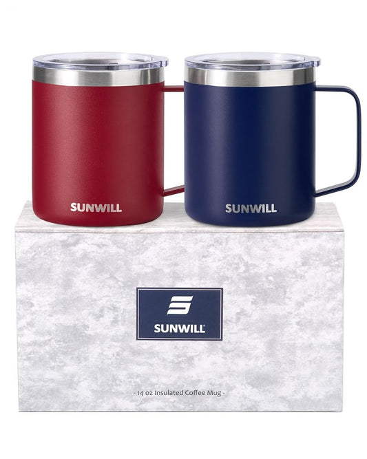 SUNWILL Travel Coffee Mug Set of 2, Insulated Tumbler with Lid, 14 oz Stainless Steel Cup with Handle for Camping, Office, Home, Powder Coated Navy Blue & Wine Red