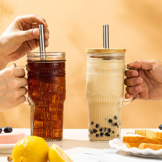 JunVpic Glass Cups with Bamboo Lids and Straws, 24oz Glass Tumbler with Handle, Stainless Steel Straws & Cleaning Brushes – Boho Pattern Iced Coffee Cup for Smoothies, Tea, and Gifts, Set of 2
