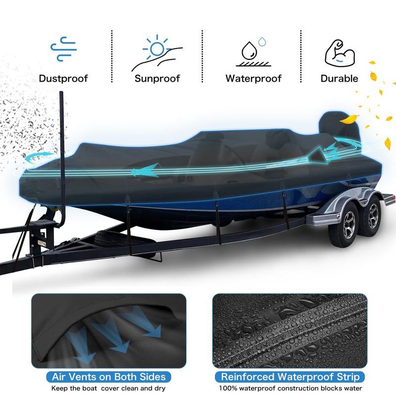 Solim Waterproof 1200D PU Boat Cover with Motor Cover, Heavy Duty Marine Grade Trailerable Polyester Canvas, Fits 20-22ft V-Hull, Runabout, Fishing, Ski Boat with Straps, Black