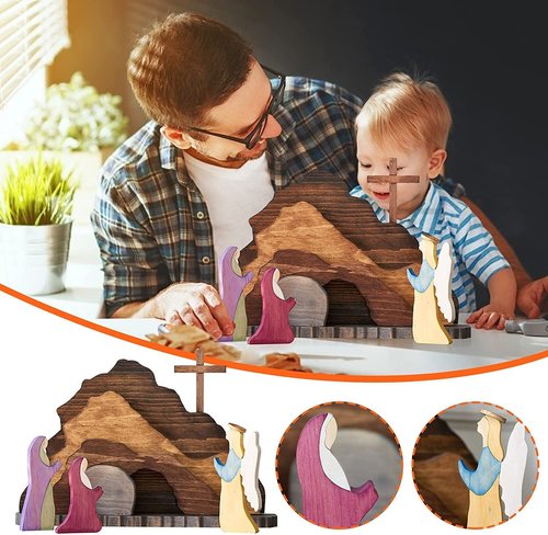 Easter Scene Wooden Decoration, Easter Religious Jesus Nativity Scene Decoration, Manger Creche Nativity Scene Montessori Inspired Wedding, Spring Christian Home Figurine Ornament Cross Easter Craft