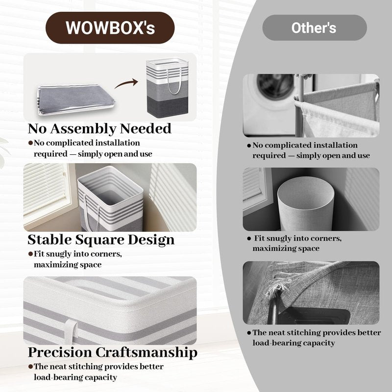 WOWBOX 2 Pack Laundry Baskets, Laundry Hampers, Freestanding Dirty Clothes Hampers with Reinforced Handles & Cross Stitch & Waterproof Coating, for Laundry Bedroom Bathroom Dorm,75L Grey