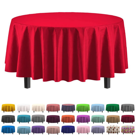 Party Solids Pack Of 6 Premium Plastic Tablecloth 84 Inch Round Plastic Table Cover - Red