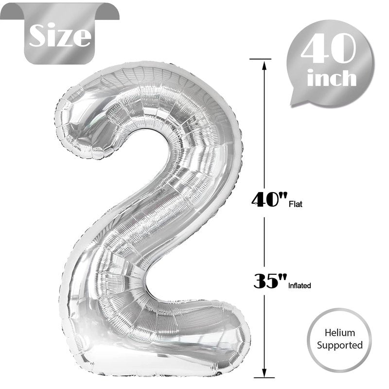 Silver 2 Balloon, Number Balloons 40 Inch, 2nd Balloon Number Birthday Decorations, Two Second Birthday Party Supplies, Number 2 Balloon