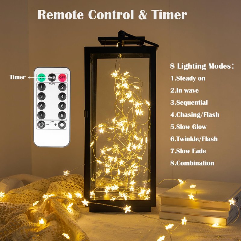 ZELUXDOT Star String Lights Plug in,40FT 120 LEDs Star Fairy Lights,Waterproof Starry Light with 8 Modes Remote for Outdoor Indoor Christmas Wedding Garden Ramadan Decor,Silver Wire,Warm White