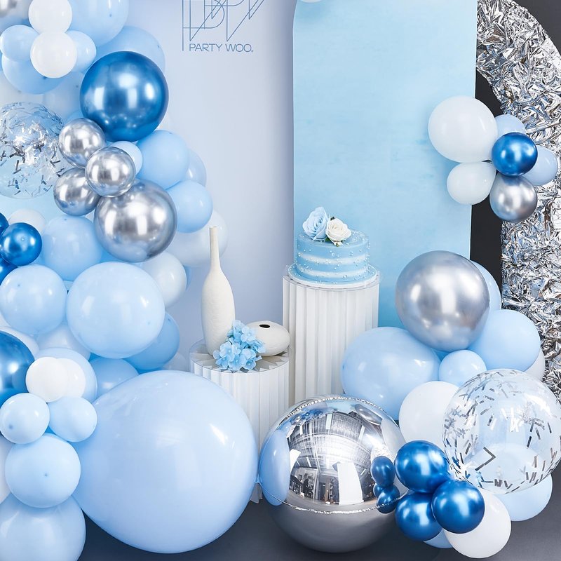 PartyWoo Blue White and Silver Balloon Arch Kit Garland 142pcs Different Sizes of 18 12 10 5 Inch Pastel Metallic Blue White Metallic Silver Confetti Balloons for Baby Shower Party Decorations