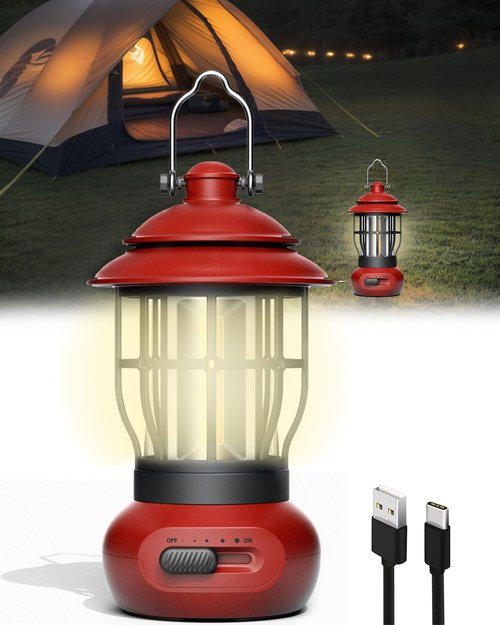 Camping Lights - LHQOO LED Lights for Power Outage, LED Flashlights with Three Dimmers, Rechargeable Camping Lantern with Hook, Suitable for Fishing, Picnics, Camping, Halloween, Birthday Gifts(Red)