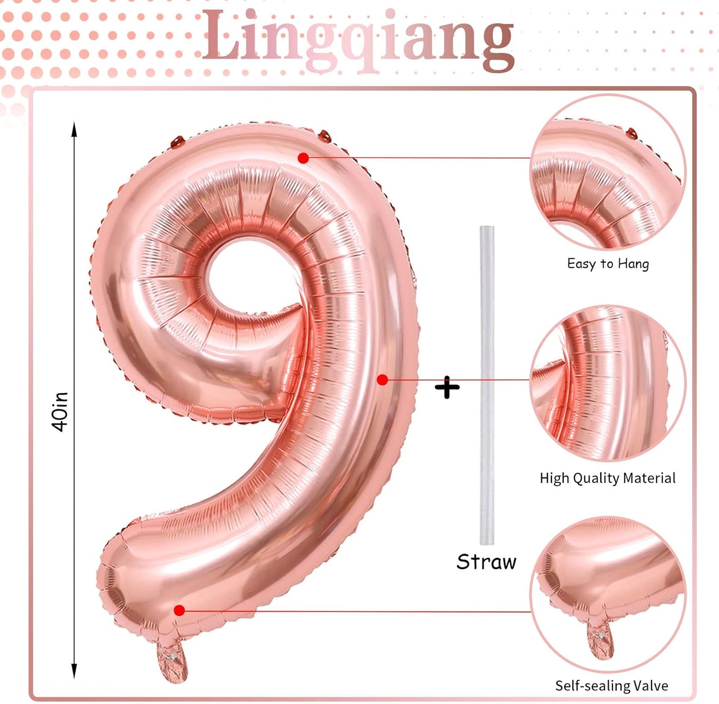 Regine Switzerland 40-Inch Rose Gold Number Balloons - Self-Inflating Foil 9 for Birthdays & Anniversaries