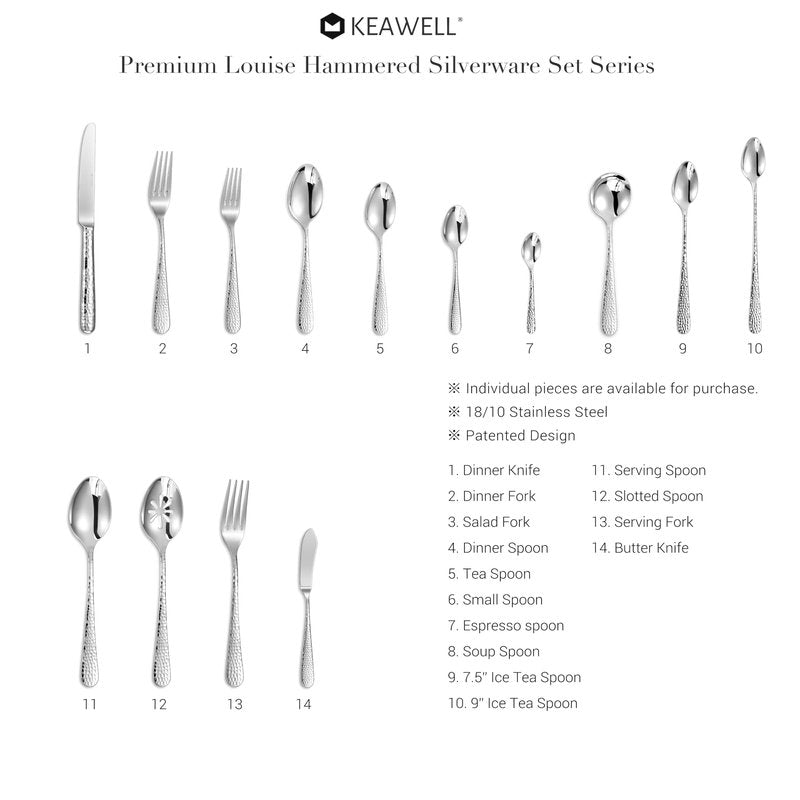 KEAWELL Premium 4-Piece Louise Hammered Spoons Set, 18/10 Stainless Steel, Set of 4, Fine Spoon Set with Round Edge, Dishwasher Safe (6.4" Teaspoons)