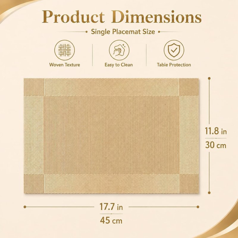 FGSAEOR Champagne Gold Table Placemats Set of 6, Woven Pattern 12 x 18 Inch, Washable Heat Resistant Dining Place Mats for Kitchen Table Decor
