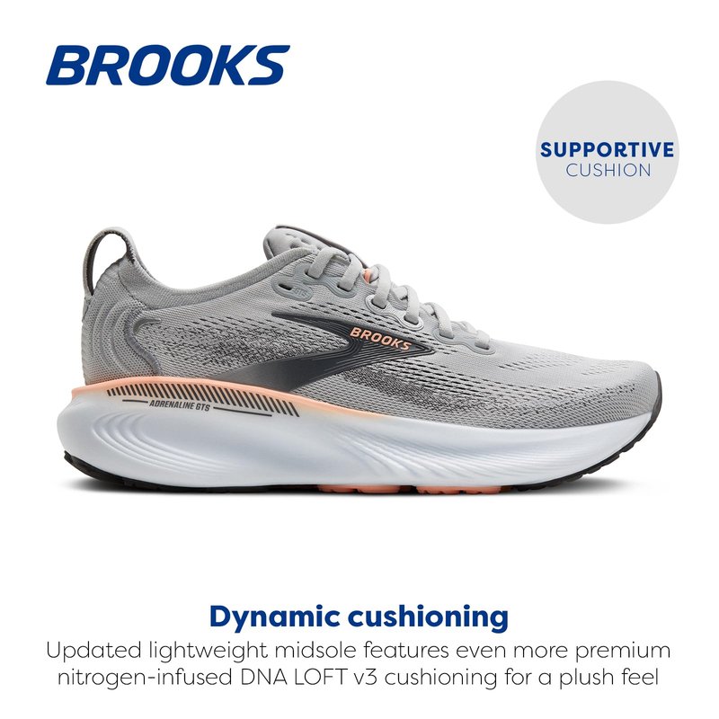 Brooks Women’s Adrenaline GTS 25 Supportive Running & Walking Shoe - Grey/Blackened Pearl/Coral - 5.5 Medium