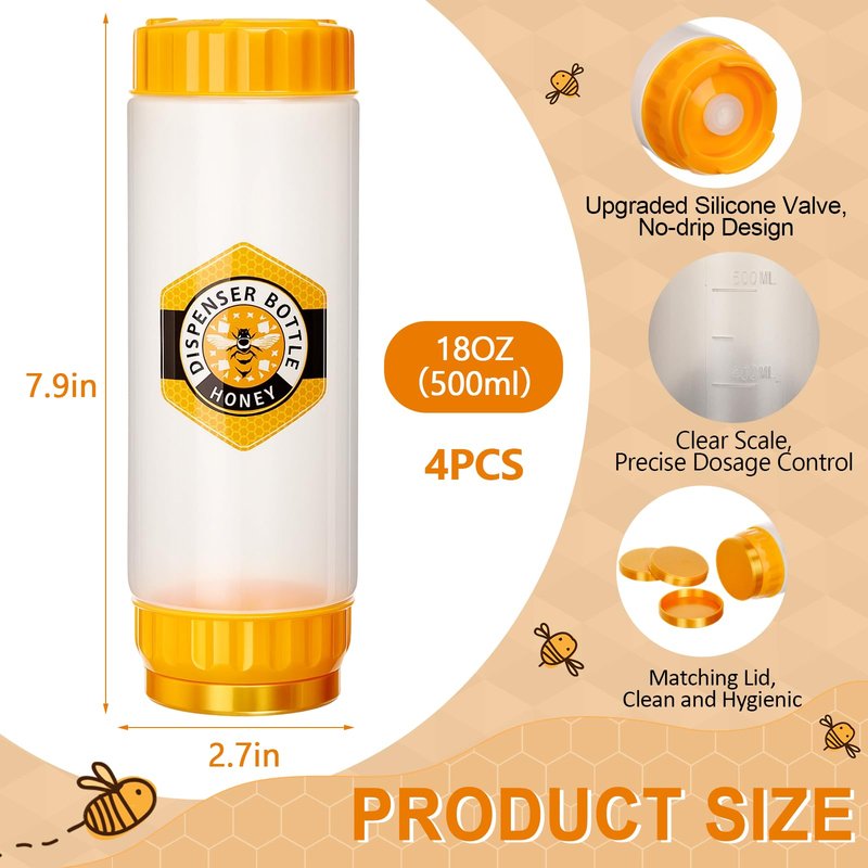 SiliFine 4 Pcs Honey Dispenser No-drip with Lid, Honey & Syrup Squeeze Bottle, Refillable Condiment Bottle Bpa-free, More Hygienic for Sauces Ketchup Kitchen Pancakes Salad Dressings (18 oz)