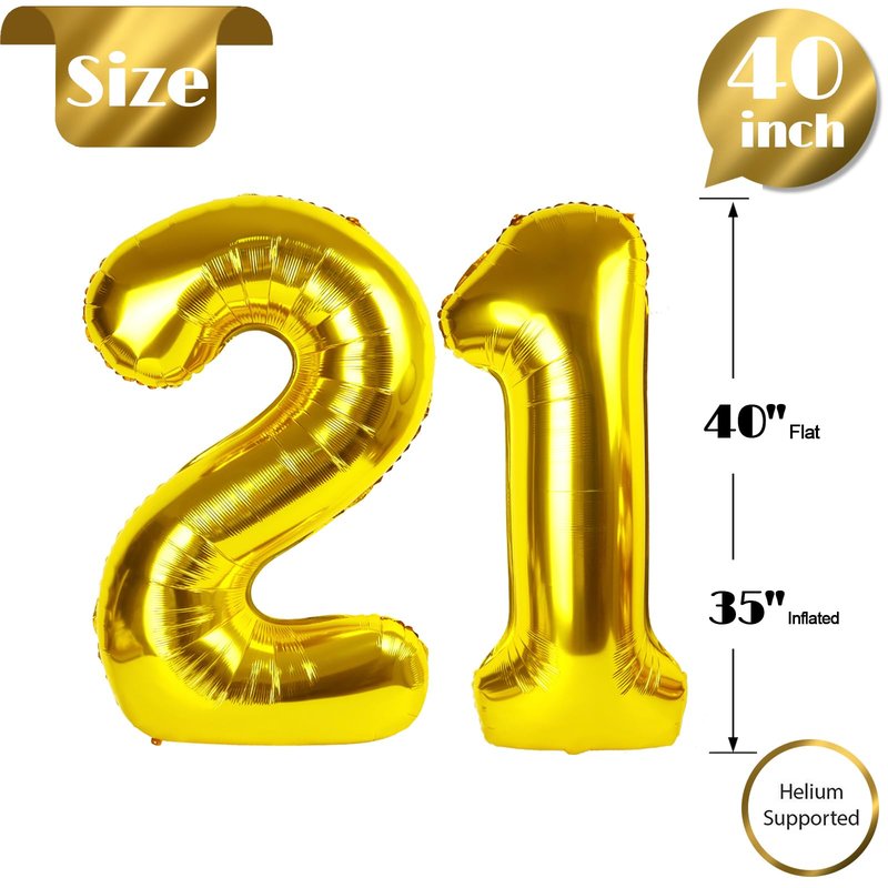 Gold Number 21 Balloon 40 inch, 21 Number Balloons, 21st Gold Birthday Decorations, 21 Year Old Women Men Golden Party Supplies