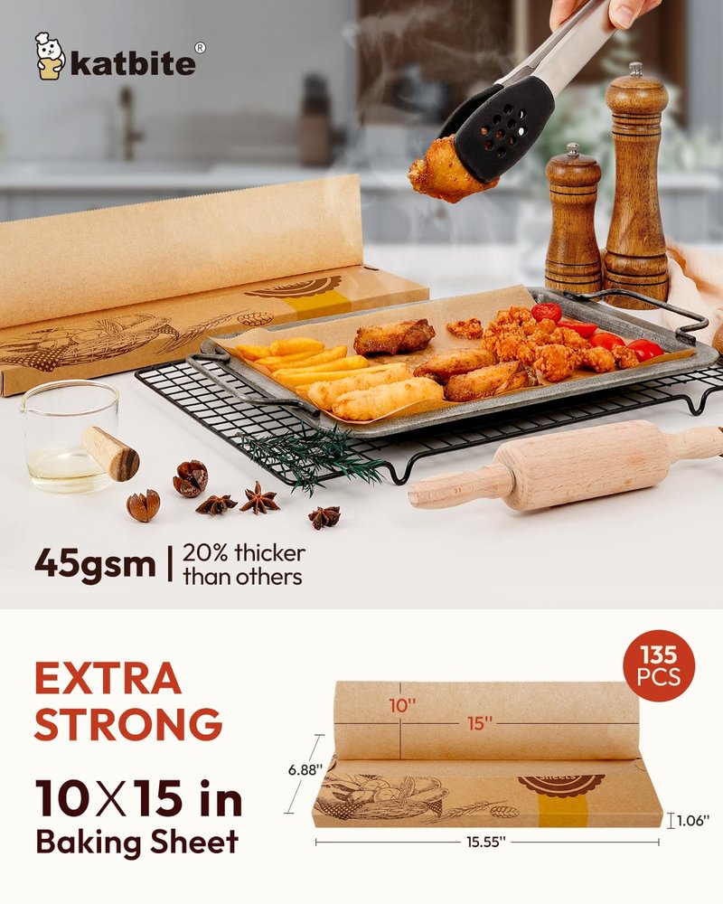 katbite 135Pcs 45 gsm Pop-Up Parchment Paper Sheets, Heavy Duty & Non-stick,10x15 In Pre-cut Unbleached Parchment Paper for Baking, Pop-Up Paper Dispenser for Cooking Wrapping Space-saving