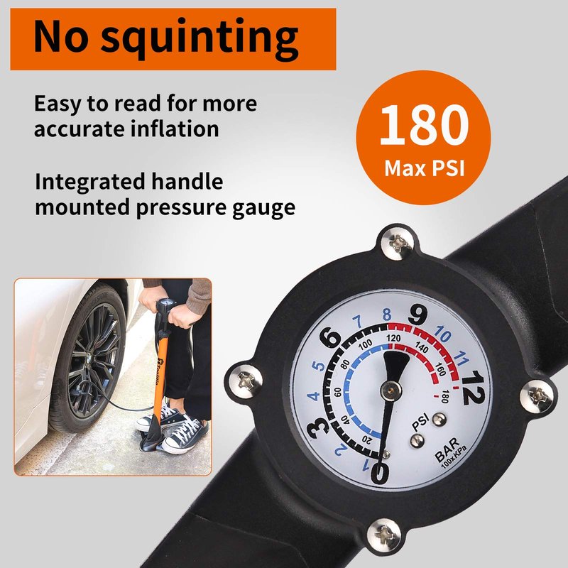 TOOLITIN Pro Bike Pump, Ergonomic Bicycle Pump with Integrated Handle Mounted Pressure Gauge, 180 Psi, Fits Presta and Schrader Valve