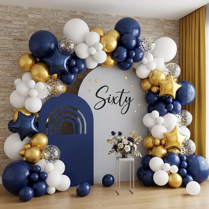 RUBFAC 176pcs Navy Blue Gold Balloons Arch Kit, Navy Blue Balloon Garland Metallic Gold White Confetti Balloon Foil Balloons for Baby Shower Birthday Party Wedding Anniversary Graduation Decoration