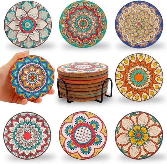 Cork Coasters Set of 8,Round Boho Coasters for Drinks,Cute Colorful Coaster with Holder,Apartment Farmhouse Office Bar Decor, Birthday Gifts for Mom Grandma(Mandala 1)