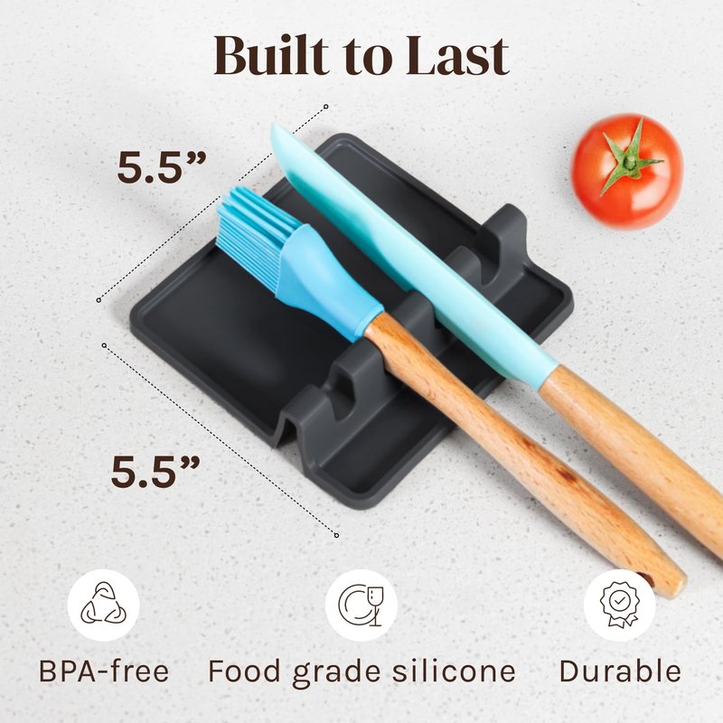 Cooler Kitchen Black Silicone Spoon Rest for Stove Top with Drip Pad (Two Pack) - Heat-Resistant, BPA-Free Utensil Rest & Spoon Holder for Kitchen Counter - Grill Utensil Holder for Spatulas