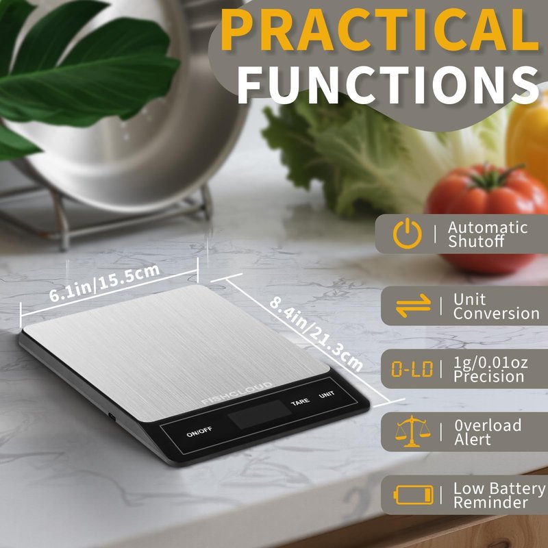 FISHCLOUD Food Scale - Rechargeable Digital Kitchen Scale 33lb, 1g/0.05oz Precision, Type-C, Stainless Steel, Grams/Ounces, LCD Display, for Cooking/Baking/Meal Prep (Ash Silver)