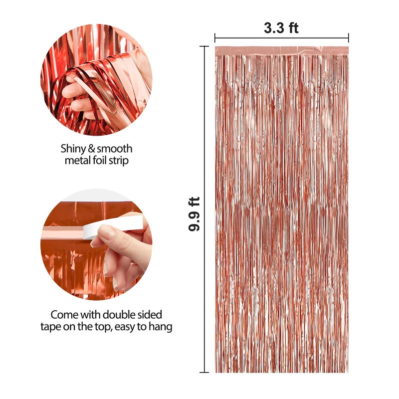 Crosize 4 Pack 3.3 x 9.9 ft Rose Gold Foil Fringe Backdrop Curtain, Streamer Backdrop Curtains, Streamers Birthday Party Decorations, Tinsel Curtain for Parties, Photo Booth Backdrops, Party Décor