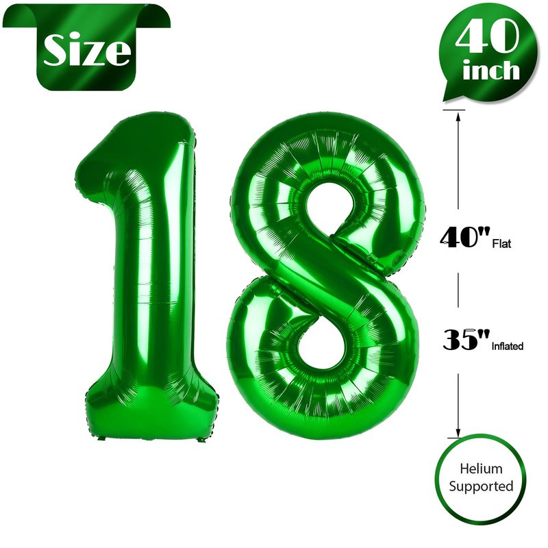 Green Number 18 Balloon 40 inch, 18 Number Balloons, 18th Green Birthday Decorations, 18 Year Old Girls Boys Party Supplies, St. Patrick's Day Games Theme Birthday Decorations