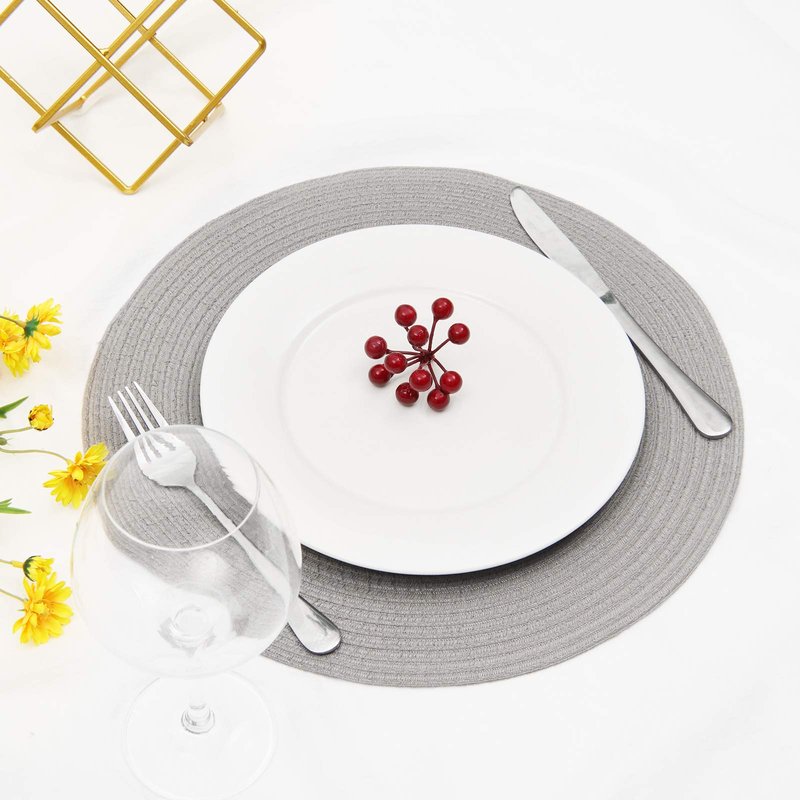 SHACOS Round Braided Placemats Set of 8 Washable Fabric Heat Resistant 15 inch Grey Round Table Mats for Dining Tables (Gray, 8)